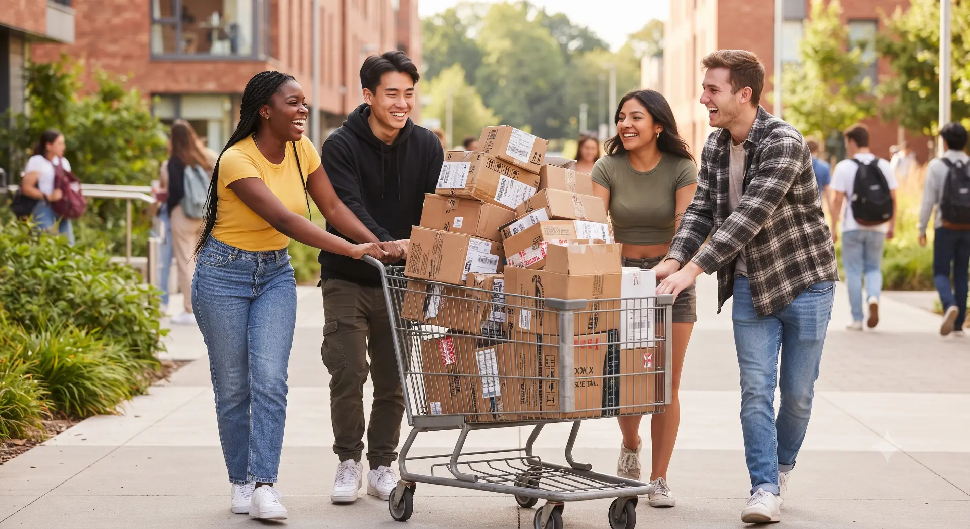 Happy students pushing a cart full of parcels
